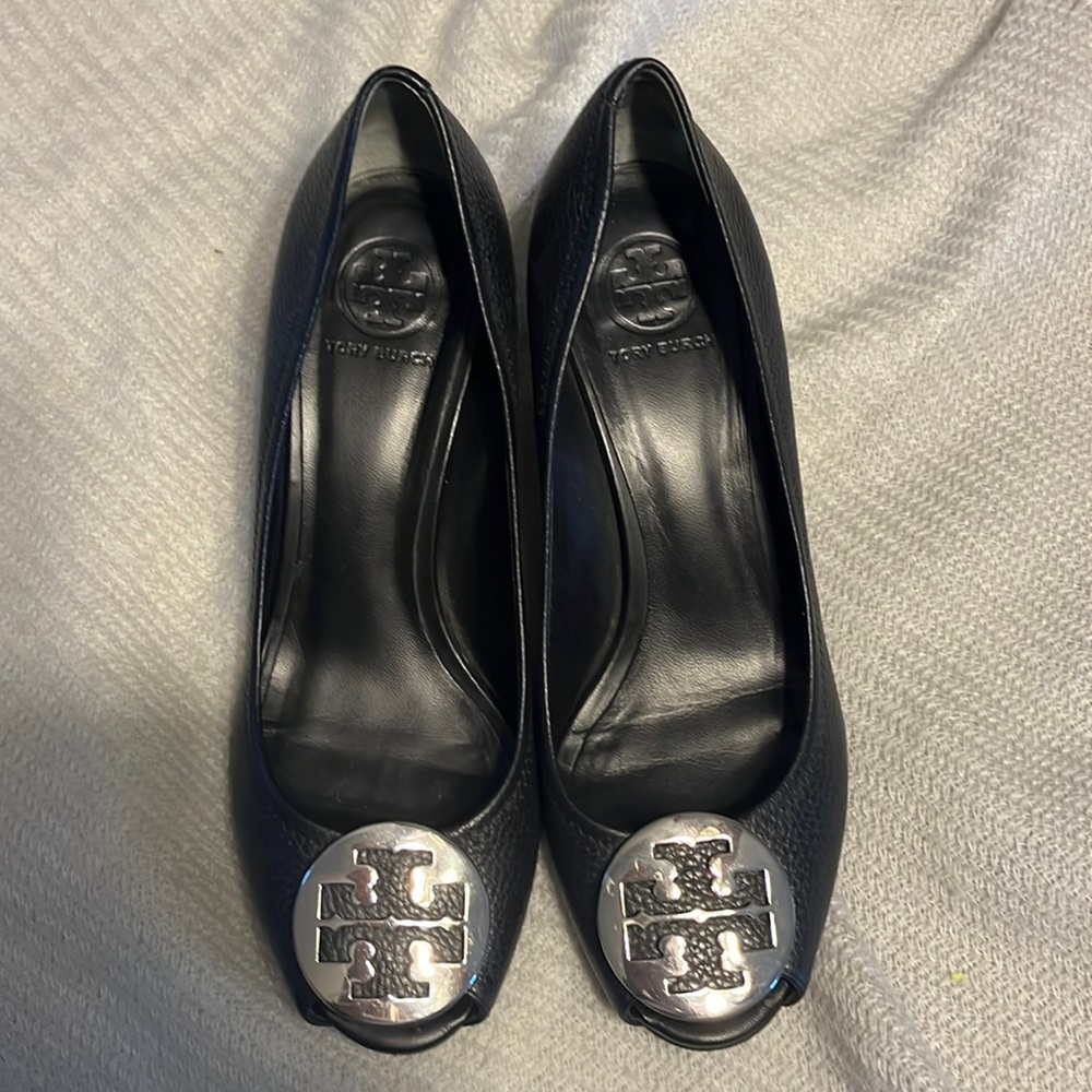 Tory Burch Black Peep Toe Wedge